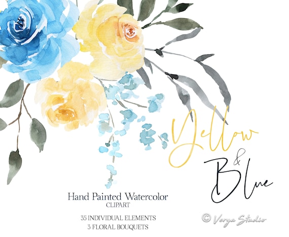 Yellow Blue Watercolor Flowers Clipart Wedding Clip Art Summer Etsy