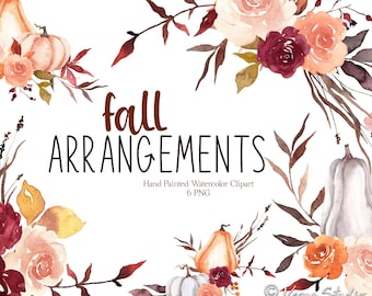 Burgundy Orange Fall Clipart: Hand-Painted Watercolor Autumn Floral Pumpkin Bouquets, Leaves, Berries PNG Bundle