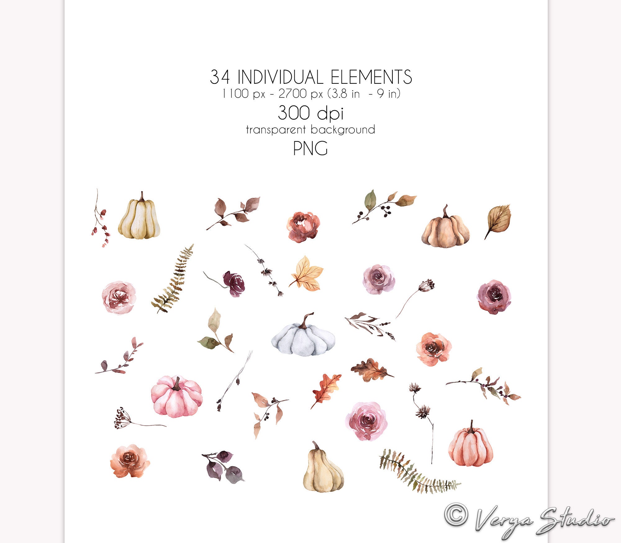 Fall Clipart Watercolor Pumpkins Floral Autumn Clip Art Pumpkin Flowers ...