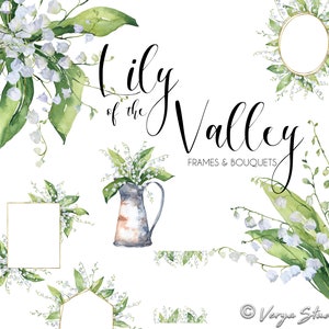 Clipart printemps aquarelle muguet cadres bouquets sprays Clip Art cadres dorés fleurs blanches mariage Clipart graphiques d'invitation