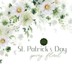 Clipart de primavera Día de San Patricio Clip Art floral Acuarela Trébol Claveles Vegetación verde irlandesa Ramos Margaritas Flores Boda