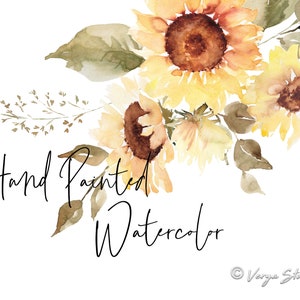 May include: Hand painted watercolor illustration of sunflowers with brown centers and yellow petals. The flowers are arranged in a bouquet with green leaves and stems. The text "Hand Painted Watercolor" is written in black cursive below the flowers. The text "Verga Studio" is written in black cursive in the lower right corner of the image.