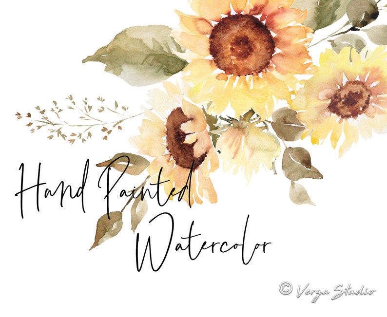 May include: Hand painted watercolor illustration of sunflowers with brown centers and yellow petals. The flowers are arranged in a bouquet with green leaves and stems. The text "Hand Painted Watercolor" is written in black cursive below the flowers. The text "Verga Studio" is written in black cursive in the lower right corner of the image.