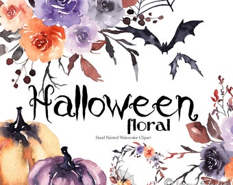 Halloween Clipart Watercolor Halloween Floral Clip Art Orange Purple Black Flowers Wreath Bouquet Arrangement Bats Spiderweb Fall Decor PNG