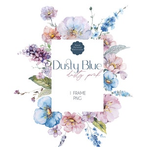 Clipart floral de flores silvestres azul-lilás empoeirado, moldura de flores silvestres em tons pastel em aquarela, flor delicada do prado, flores rosa empoeiradas, folhas verdes PNG