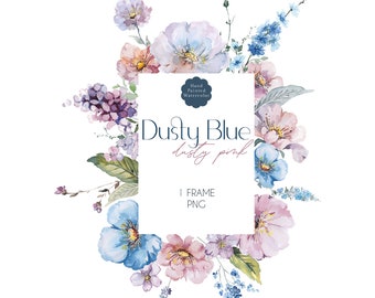 Dusty Blue Mauve Wildflower Floral Clipart, Watercolor Pastel Wildflowers Frame, Dainty Meadow Flower, Dusty Pink Flowers, Green Leaves PNG