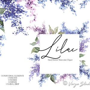 Clipart lilas aquarelle Floral Clip Art violet Violet bleu rose fleurs printemps Couronne de cliparts cadre bordure mariage graphiques peint à la main