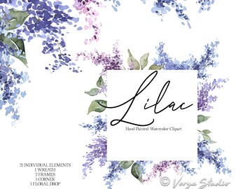 Lilac Clipart Watercolor Floral Clip Art Purple Violet Blue Pink Flowers Spring Clipart Wreath Frame Border Wedding Graphics Hand Painted