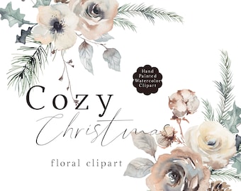 Op de afbeelding: Waterverf clipart met een knusse kerst bloemstuk met witte, beige en grijze rozen, dennentakken en bessen. De tekst "Cozy Christmas floral clipart" staat onder het bloemstuk.