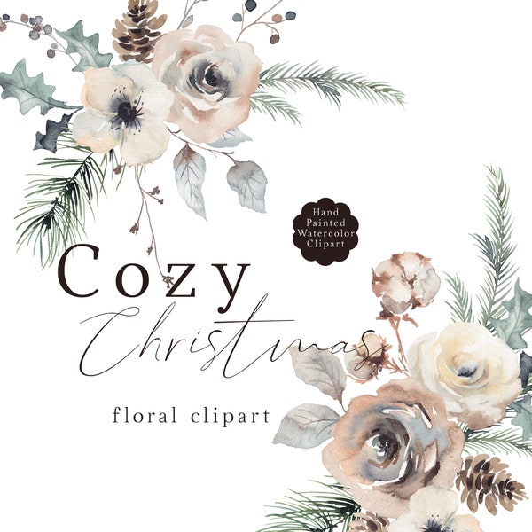 Christmas Floral Clipart Cozy Winter Watercolor Clip Art Soft Brown Blue & White Bouquets Elements Xmas Cards Junk Journals Graphics PNG