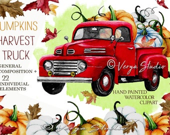 Pumpkin Harvest Truck Watercolor Clipart - Pumpkins, Red Harvest Truck, Fall Clip Art, Fall, Leaves, Autumn, Vintage, Burgundy, Cards, png