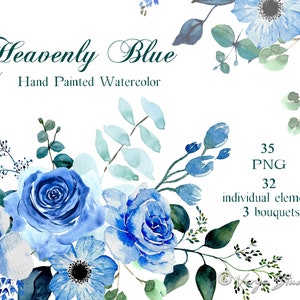 Blaue Rose Aquarell Blumen Clipart Eukalyptus Clip Art Blumen Rosen Anemone Hochzeit Einladung Vorlage Braut PNG Grafiken im Grünen