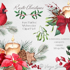 May include: A watercolour clipart set with a rustic Christmas theme. The image features a red cardinal, candles, poinsettias, pinecones, and a candy cane. Text reads "Rustic Christmas" and "Hand Painted Watercolor Clipart Set."