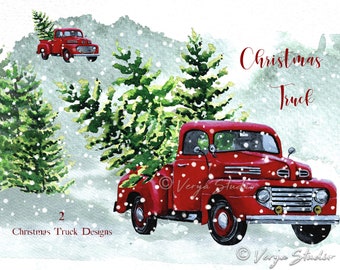 Watercolor Christmas Truck Clipart, Red Christmas Truck Sublimation Design, Vintage Christmas Truck Clipart, Rustic, Christmas Card Template