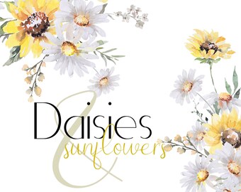 Daisies & Sunflowers Clipart Watercolor Floral Clip Art White Daisy Flower Spring Summer Fall Wedding Graphics Bouquets Yellow Wildflowers