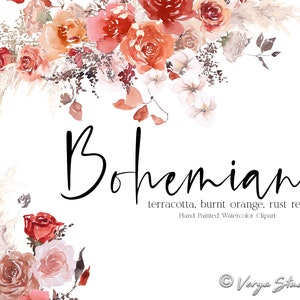 Clipart floral de color naranja quemado, clip art de flores de acuarela, naranja óxido, rojo, terracota, blanco y marrón, ramo bohemio de pampas, clipart de boda de otoño