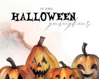 10 Watercolor Halloween Pumpkins Clipart Jack-O-Lantern Elements Fall Graphics PNG Instant Download