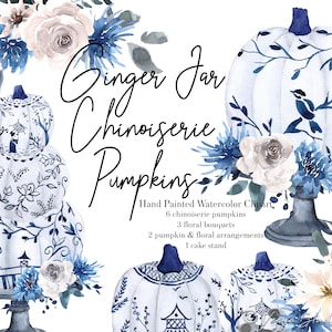 Gemberpot pompoenen aquarel herfst clipart chinoiserie pompoenen illustraties herfst clipart Thanksgiving uitnodigingen handgeschilderde afbeeldingen, PNG