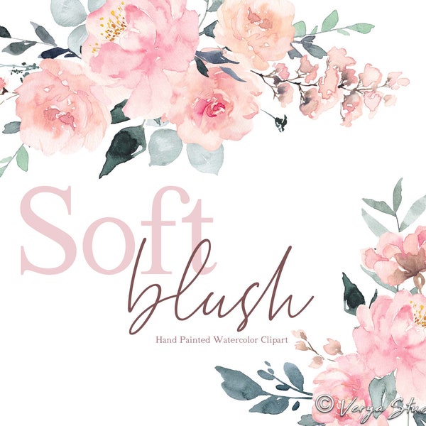 Soft Blush Watercolor Floral Clipart Pink Flowers Clip Art Dusty Rose Light Pastel Greenery Peonies Peony Bouquets Spring Summer Wedding PNG