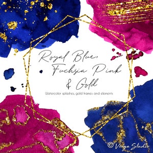 Aquarelle rose fuchsia bleu royal éclaboussures Clipart Lavis bleu rose Clip Art cadres dorés coups de pinceau dorés éclaboussures paillettes mariage PNG