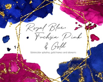 Fuchsia Pink Royal Blue Watercolor Splashes Clipart Pink Blue Washes Clip Art Gold Frames Golden Brush Strokes Splatter Glitter Wedding PNG