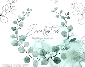 Greenery Watercolor Eucalyptus Clip Art Lineart Foliage Wreaths Line Art Graphics Hand Painted Watercolor Wreath Wedding ClipArt Foliage PNG