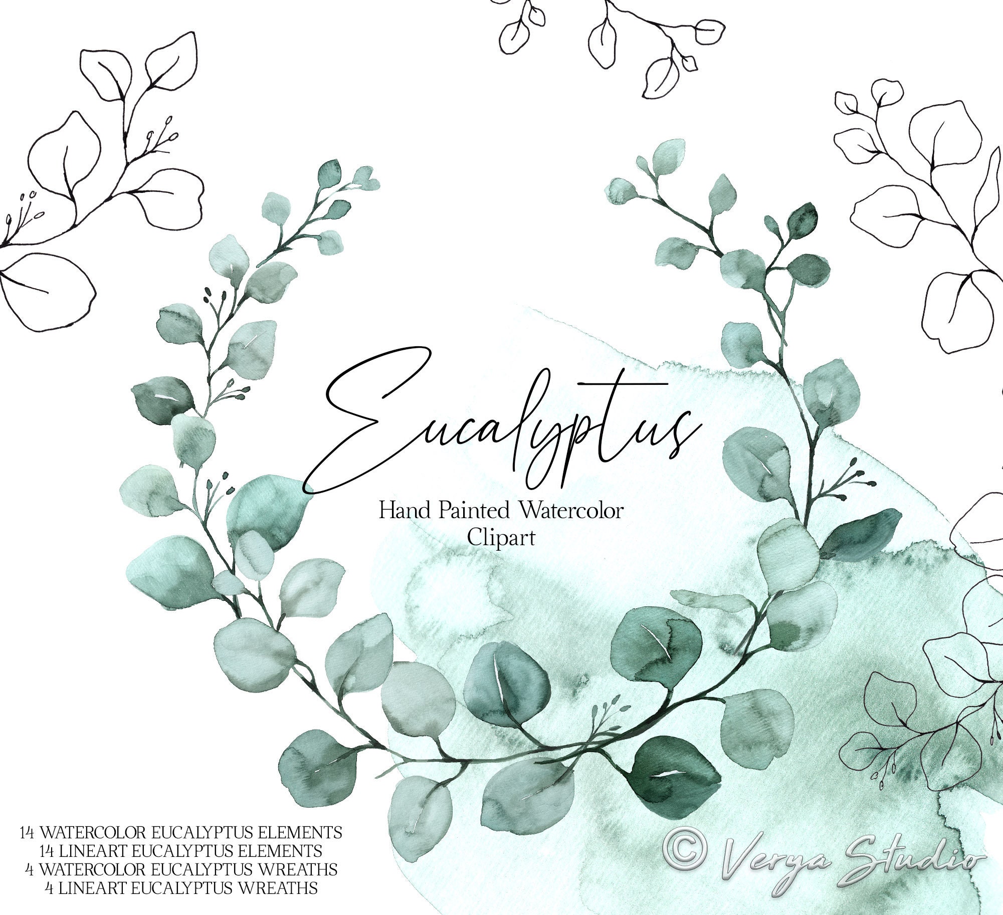 Greenery Watercolor Eucalyptus Clip Art Lineart Foliage Wreaths Line ...