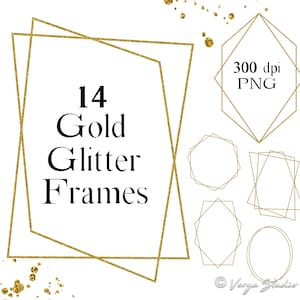 Op de afbeelding: 14 gouden glitterlijsten in verschillende geometrische vormen, waaronder cirkels, vierkanten en zeshoeken. 300 dpi PNG.