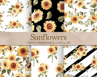 Sonnenblumen Digitales Papier Aquarell Sonnenblume Digitales Papier Gelb Grün Schwarz Sommer Herbst Bedruckbares Hintergrundmuster Designerpapier JPG