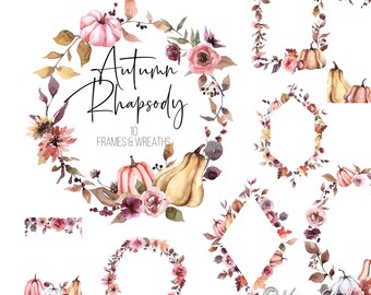 Ochre Burgundy Fall Floral Clipart, Watercolor Frames  PNG,  Autumn Pumpkins, Fall Leaves Frame,  Watercolor Wildflower Borders Clip Art