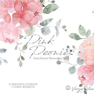 Rosa Pfingstrosen Aquarell Blumen Clipart Blush Coral Floral Clip Art Frühling Clipart Florals Hochzeit Clipart Grafiken handgemalt grün
