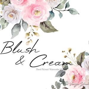 Watercolor Flowers Clipart Blush Cream White Floral Clip Art Soft Pink Ivory Beige Roses Peonies Bouquet Wreath Wedding Graphics PNG