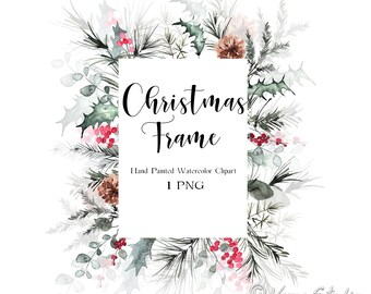 Christmas Frame Watercolor Christmas Clipart 1 Holiday Frame Border Xmas Greenery Photo Frame Christmas Cards Winter Clipart Printable PNG