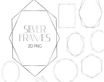 Silver Frame Clipart | Geometric Silver Frames, DIY Wedding Invitations, Vintage Frames, Metallic Silver Frames, Invitation Template, PNG