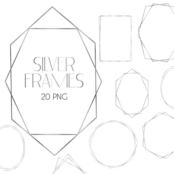 Silver Frame Clipart | Geometric Silver Frames, DIY Wedding Invitations, Vintage Frames, Metallic Silver Frames, Invitation Template, PNG