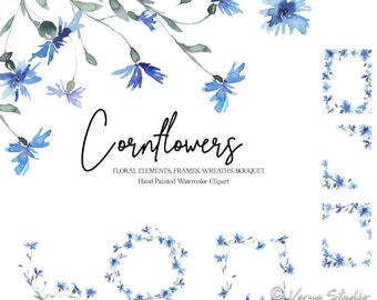 Bleuets aquarelle fleurs clipart bleu violet fleurs sauvages Clip Art fleurs sauvages couronne cadre Bouquet mariage graphiques printemps été PNG