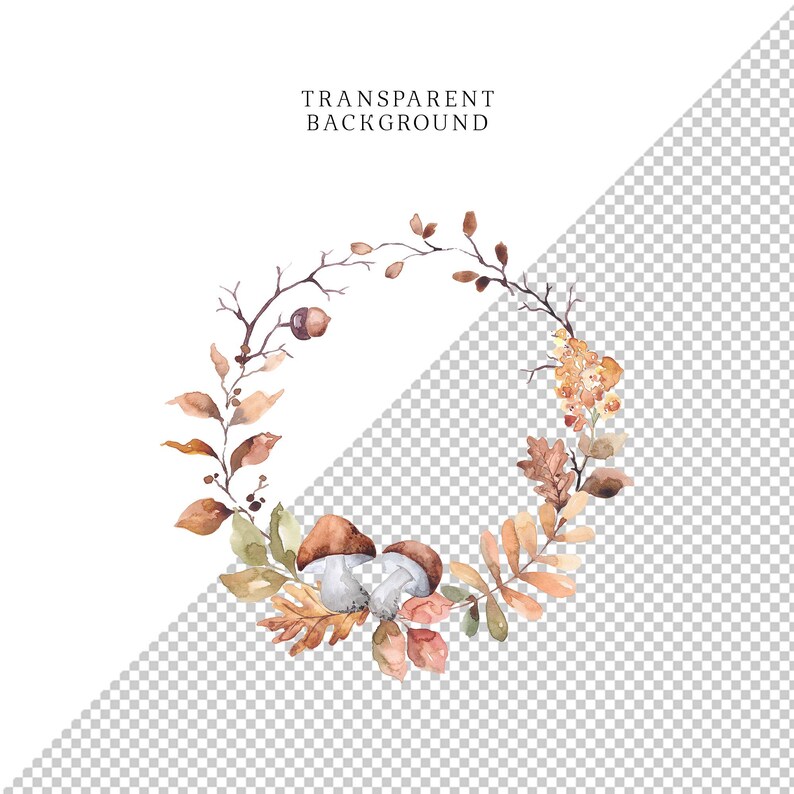 May include: Watercolour wreath featuring autumn leaves, mushrooms, and acorns. The wreath is brown, orange, and green. It is on a transparent background.