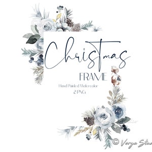 Christmas Frame Clipart Watercolor Winter Greenery Frame Border Clip Art Navy Blue White Flowers Floral Clipart Holiday Card Template PNG