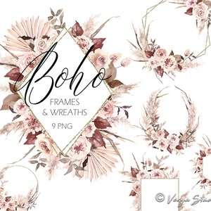 Clipart floral bohème aquarelle cadres bohèmes guirlandes cadre doré fleurs séchées pampa feuille de palmier champagne beige élégant mariage graphiques