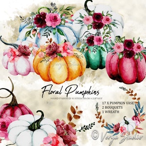 Clipart citrouille, vase citrouille aquarelle, bouquets, action de grâces, automne, automne, pastel, couronne, récolte, floral, faire-parts, bourgogne, PNG