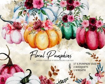 Pumpkin Clipart, Watercolor Pumpkin Vase, Bouquets, Thanksgiving, Autumn, Fall, Pastel, Wreath, Harvest, Floral, Invitations, Burgundy, PNG