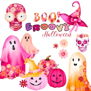 Pink Halloween Clipart Groovy Pumpkins Clip Art Hippie Fall Flowers Spooktacular Ghost Skull Witches Hat Watercolor Neon Jack-o&#39;-lantern PNG