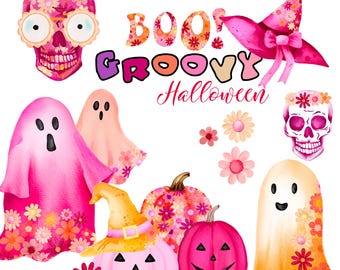 Images clipart d'Halloween, fantômes fleuris roses, citrouilles hippies groovy, ensemble d'automne rétro (PNG)