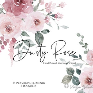 Stoffige roos aquarel bloemen clipart stoffige roze blos licht bloemen clip art bruiloft clipart bruids graphics sjabloon afdrukbaar boeket PNG
