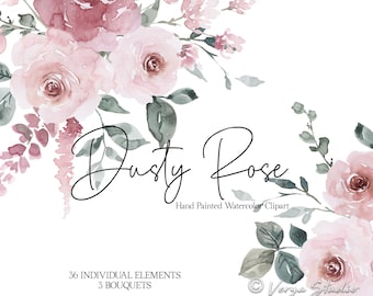 Dusty Rose Watercolor Flowers Clipart Dusty Pink Blush Light Floral Clip Art Wedding Clipart Bridal Graphics Template Printable Bouquet PNG