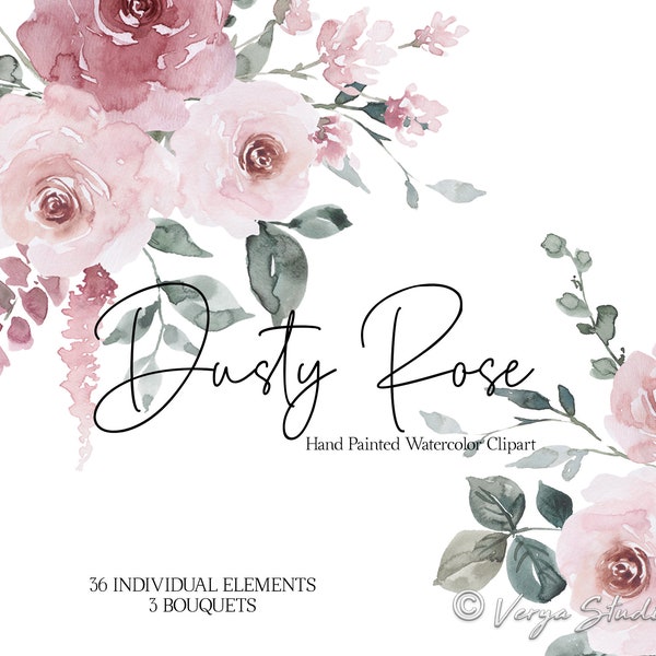 Dusty Rose Watercolor Flowers Clipart Dusty Pink Blush Light Floral Clip Art Wedding Clipart Bridal Graphics Template Printable Bouquet PNG