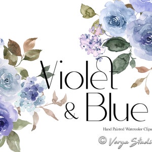 Violet & Blau Aquarell Blumen Clipart Lila Dusty Blau Floral Clip Art Dusty Blue Light hell Blumensträuße Hochzeit DIY Einladungen Grafiken