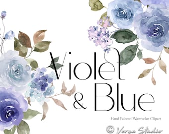 Violet & Blue Watercolor Flowers Clipart Purple Dusty Blue Floral Clip Art Dusty Blue Light Bright Bouquets Wedding DIY Invitations Graphics