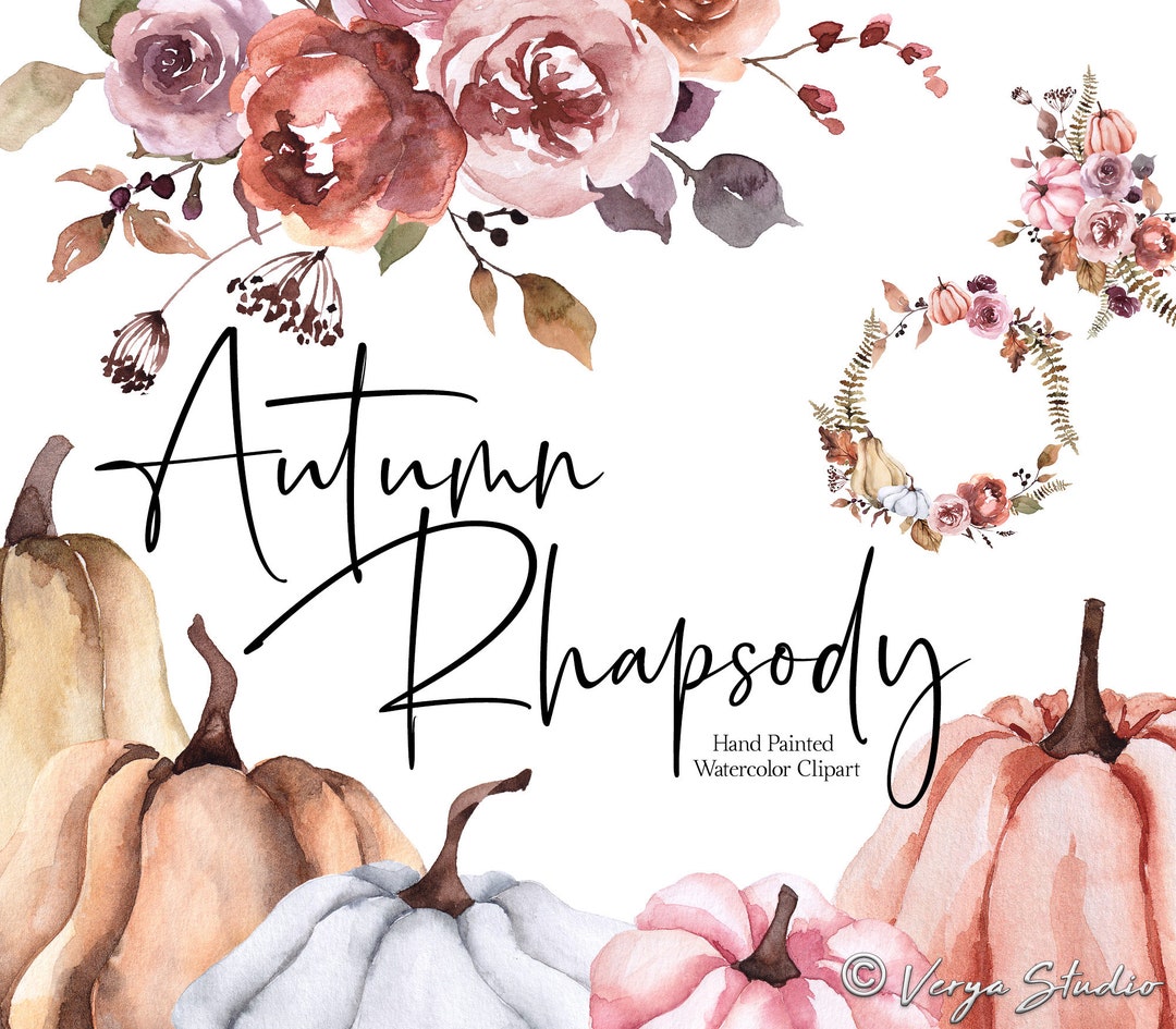 Fall Clipart Watercolor Pumpkins Floral Autumn Clip Art Pumpkin Flowers ...