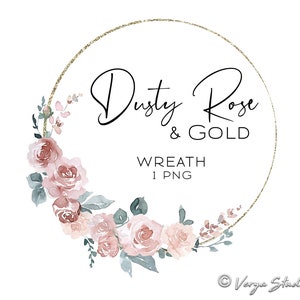 Couronne de fleurs aquarelle Rose poudré Clipart couronne d'or cadre Fleurs rose poudré mariage mariée baby shower baptême printemps été 1 PNG